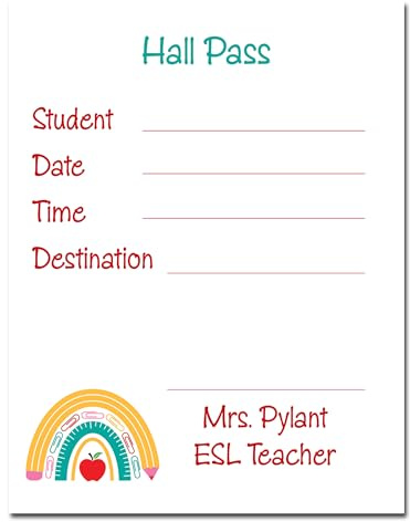 Precious Papers Personalized Teacher Rainbow Hall Pass Late Pass Small Size Hallpass Teacher Classroom Back To School Supplies