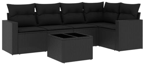 HETFTJN Balkon Eckbank Gartenlounge Sofas & Couches Küchensofa - 6-TLG. Garten-Sofagarnitur mit Kissen Schwarz Poly Rattan für Garten Schwimmbad Terrasse Speisesaal
