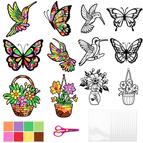 Set fai da te primaverili per bambini, 12 immagini per finestre primaverili, decorazioni primaverili per finestre, uccelli, fiori, farfalle, fai da te per primavera, finestre, fai da te con bambini