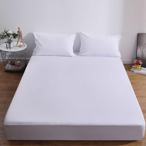 Bettlaken 100x200cm 30cm Höhe Frottee, Spannbettlaken Boxspringbett Weiß Einfarbig Wasserdicht Spannbetttücher Streifenmuster mit 2teilig Kissenbezüge