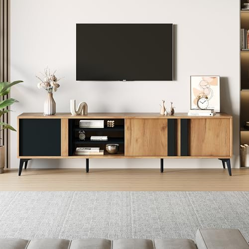 BTM TV Schrank 180, Rustikal Lowboard mit 3 Tür, Fernsehschrank Board Bank Für Fernseher max 85 Zoll, 180X40X50cm, Holz Eiche