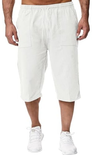 Mens Linen Shorts - 3/4 Length Shorts Men Loose Long Shorts Men's Three Quarter Pants Yoga Cargo Shorts Lightweight Lounge Elasticated Waist Drawstring Joggers with Pockets