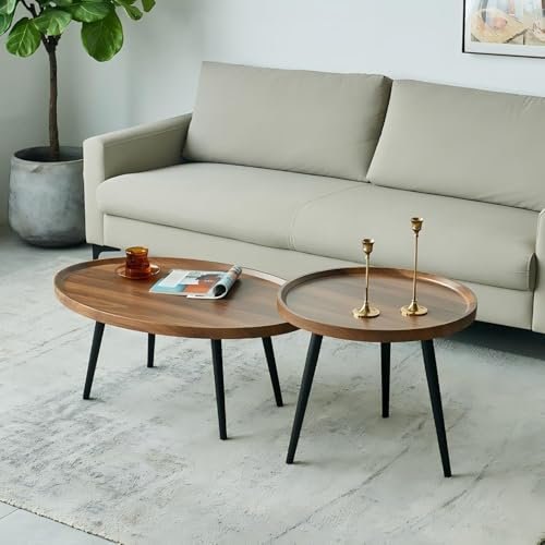 Generisch Ovaler Satztisch, Couchtisch: 2 Satztische, groß (80 cm) und klein, rund, 50 cm, MDF-Holztischplatte, Sofatisch, ineinander setzbare Mitteltische, Wohnzimmer (braun)