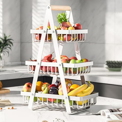 3 Tier Fruit Basket,Vegetable Rack,Bread Basket,Detachable Mesh Fruit Baskets With Wooden Handle,Vegetable Storage Rack For Kitchens Home,Office,Vegetables,Onion,Banana,Potato,Snack Basket(White)
