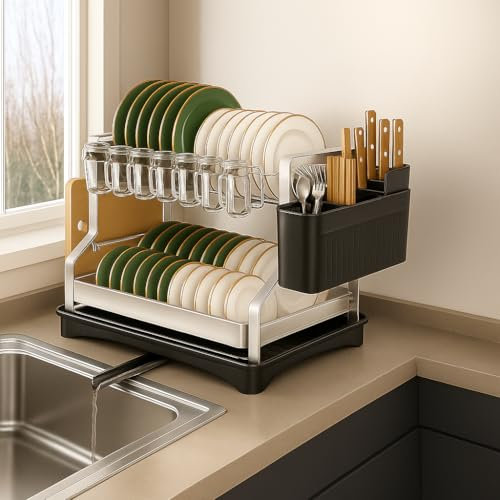 SerkaHome Escurreplatos Acero Inoxidable 2 Niveles - Drenaje Automático y Patas +4 cm - Seca Platos Grande y Compacto – Organizador Fregadero Cocina con Soporte para Platos, Cubiertos y Vasos