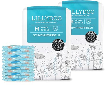 Pannolini costumino LILLYDOO monouso, delicati sulla pelle, per bambini taglia M (9–15 kg), 2 confezioni (36 pezzi) con fantasia sottomarina – pannolini per una protezione sicura in acqua