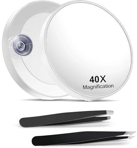 Cosmeria 40x Vergrößerungsspiegel – 8.8cm Weißer Makeup-Spiegel mit 2 Präzisions-Pinzette, Ideal für Make-up und Haarentfernung
