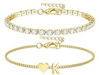 Chriscoco silver/guld initialarmband för kvinnor flickor rostfritt stål hjärtarmband justerbart silver tennisarmband personligt lager bokstav damarmband, Rostfritt stål, Ingen ädelsten