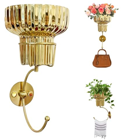 MAUYAR Hanging Plant Wall Vessel for Flowers with Hook, Indoor Outdoor Boho Bathroom Decor Wall Art Planter Mounted Vase (Gold)