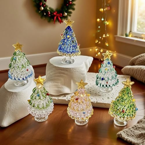 Weihnachtsdeko Figuren Weihnachtsbaum Glas, 6 Stück Kristall Mini Weihnachtsbaum, Miniatur Weihnachtsbaum Weihnachtsfiguren, Weihnachtsdeko Tisch Weinachtsbaum Statue für Tischdeko Weihnachten (C)