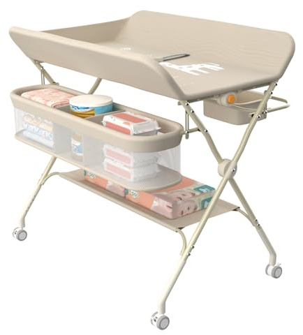 MUL-BOUTIQUE Table a Langer Pliante avec Panier de Rangement,pour Nouveau-né, Charge Max 25KG,Réglable en Hauteur,Table a Langer Bebe avec roulettes,80 * 73 * 86-94 cm (Blanc Laiteux)
