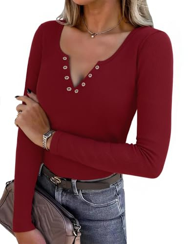 Aottori Camiseta Manga Larga Mujer Cuello en V Túnica Tops Elegantes Punto Acanalado Camisas Ajustado Ligero Básico Jersey Pullover con Detalles Botones Rojo Vino S