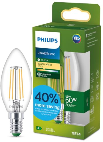 Philips LED UltraEfficient klar B35 ljuskälla, E14 sockel, energiklass A, 806 lm, 60W ekvivalent, varmvit (2700K), EyeComfort, 50 000 timmar, 1 förpackning