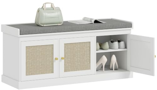 HOMCOM Shoe Bench with Storage, Entryway Bench, 105 x 35 x 47 cm, White | Boho Style, Woven Rattan Doors, Adjustable Shelves, Padded Cushion, Holds 9 Pairs of Shoes, Bedroom, Living Room