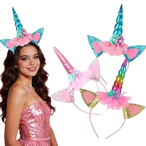 3 Stück Einhorn Stirnband – Einhorn Haarreif mit Ohren und Blumen für den perfekten Einhorn Geburtstag Haarreif, Glitzerndes Horn & bequemer Sitz, Magisches Party-Accessoire(Blau, rosa, Farbe)