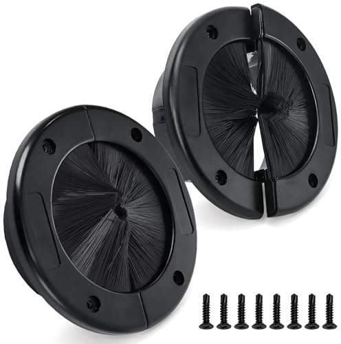 Fasmov 2 Pack 4 Round Brush Grommet, Large Split Design for Raised Floor, Cable & Airflow Management, Secure Screw Fittings for Home, Data Center, Wall & Floor Use