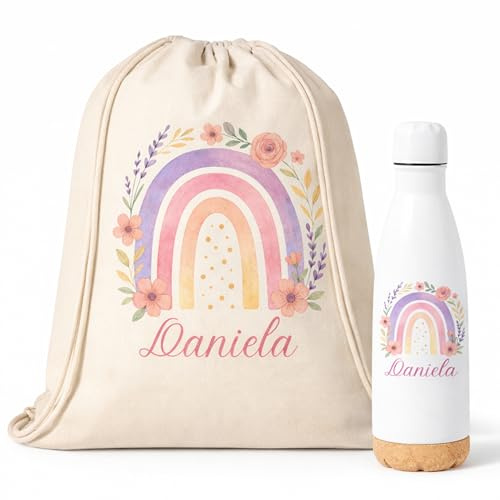 Gifters | Pack Mochila de Cuerdas y Termo Personalizados Arcoíris | Bolsa Infantil con Nombre 34 × 42 cm + Botella Acero Inox 750 ml | Guardería, Colegio y Excursiones