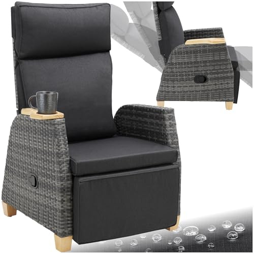 tectake® Poltrona Giardino in Rattan, Poltrona da Esterno con Telaio in Alluminio, Poltroncina Salotto Regolabile, Resistente ai Raggi UV, Comodo Piano d'Appoggio, Design Elegante - Grigio
