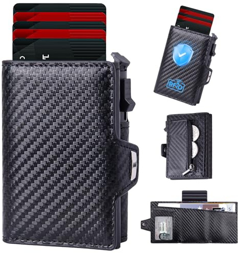 Plånbok för män med myntfack, Slim Wallet med RFID-skydd, Smart Wallet pop-up kortfodral för 8 kort, plånbok med ID-fönster och sedelfack (Kolfiber)