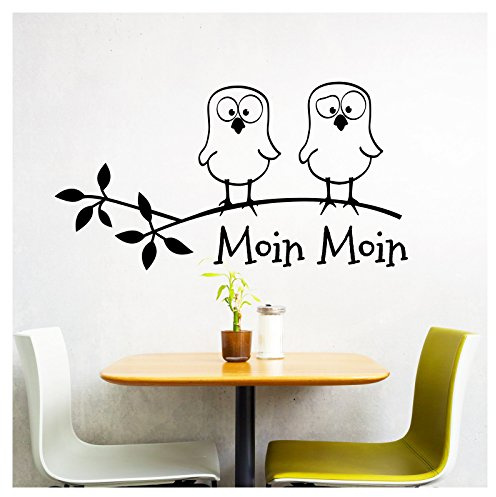Grandora W5023 Wandtattoo Spruch Moin Moin + lustige Vögel I schwarz (BxH) 39 x 21 cm I Küche Esszimmer Aufkleber Wandsticker Wandaufkleber