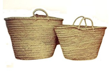 Capazo de Palma Básico, con asas corta de pita. Cesto o Bolso de mimbre para la playa, fibras naturales. (7V, aprox. 42x25 cm)