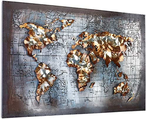 Kobolo Wandbild Wanddeko Metallbild 3D-Bild WORLD Metall 108x72 cm Grau