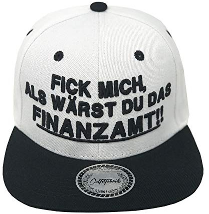 Outfitfabrik ♥ Snapback Cap Fick Mich, als wärst du das Finanzamt in weiß/schwarz mit schwarzem 3D Stick (Provokation, Statement) Männer und Frauen, One Size, gerader Schirm