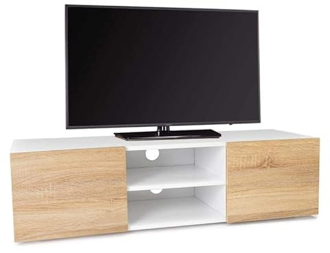 IDMarket - Meuble TV 113 cm ELI Blanc Portes façon hêtre