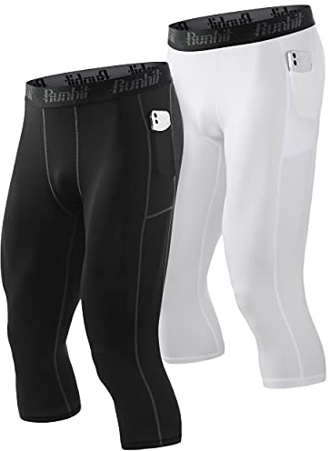 Runhit 3/4 Compression Pants Men with Pockets(2 Pack),Running Pants Tights Leggings for Men Workout Athletic Base Layer Shorts