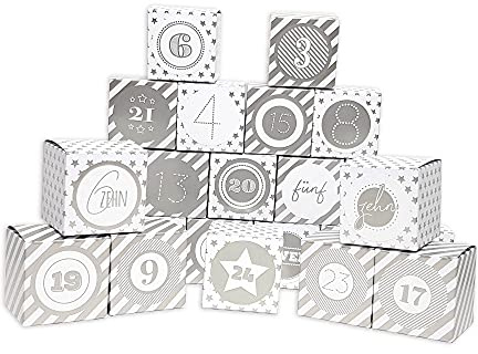 Frau WUNDERVoll® DIY Adventskalender Vorfreude zum Befüllen,Faltschachteln 12x silber Sterne,12x silber Streifen 7x7x7cm(gefaltet),XL Ziffern silber/Weihnachten,Aufkleber,Würfelbox,Schachteln