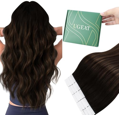 Ugeat Extensiones Adhesivas Pelo Natural 40 cm 20pz 50G Marrón Balayage Extensiones de Pelo Natural Adhesivas Castaño Medio Humano Cómodo y Inbisibile Remy Liso