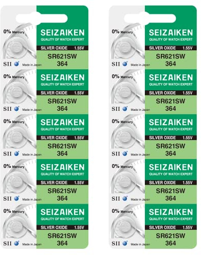 Seizaiken 364 SR621SW 1,55 V 0 % Hg Silberoxid-Uhrenbatterie (10 Batterien) Hergestellt in Japan von Seiko