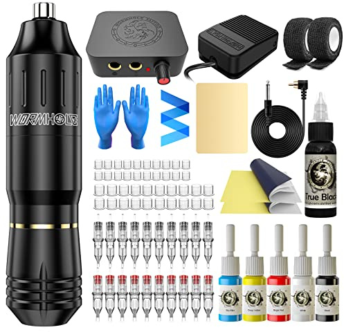 Kit tatuaggio Wormhole Rotary Tattoo Practice Machine Kit per principianti Cartuccia tatuaggio Aghi Kit macchina tatuaggio con inchiostri tatuaggio Alimentazione Kit penna tatuaggio WTK162