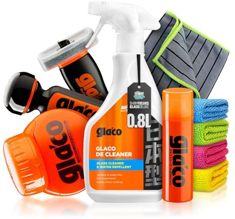 Soft99 Glaco De Cleaner 400ml + Glass Compound 100ml 10-teiliges Deluxe Set | Mit Mirror Coat Zero, Roll On MAX & Ultra Glaco – drei Glaco Versiegelungen für Spiegel und Scheiben inklusive Tücher