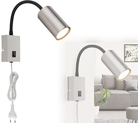 bmf-versand® Steckdosenlampe mit Schalter - Wandleuchte Innen Schlafzimmer mit Stecker und Kabel - Steckerleuchte Wandlampe Kinderzimmer für Steckdose - Leselampe Wandmontage Nickel Schwarz