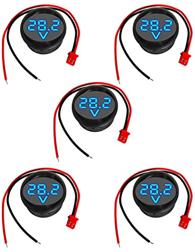 GTIWUNG 5 Piezas Mini Voltímetro Digital DC 2 líneas 4-100V Mini probador de Voltaje Pantalla LED Protección de Polaridad Inversa y Medición de Presión Precisa, Azul, Redondo