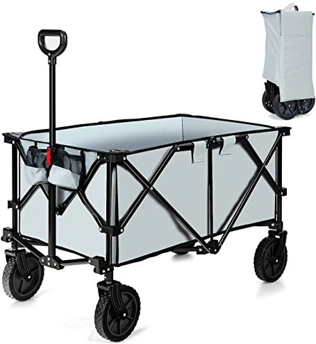 COSTWAY Folding Camping Wagon, Collapsible Beach Garden Trolley with Cup Holders and Adjustable Handle, Canvas Transport Utility Cart for Shopping Gardening Sporting Events (Grey)