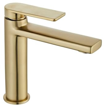 Rea Waschtischarmatur VERSO BRUSH GOLD LOW Wasserhahn Bad Badarmatur aus Messing Armatur für Waschbecken Badezimmer Mischbatterie Waschbecken Einhebel (Gebürstetes Gold)