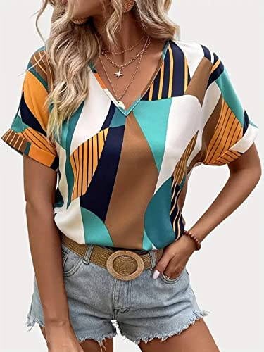 Camisa Mujer,Blusa De Arte Abstracto Para Mujer, Camisas De Manga Corta Con Estampado Geométrico De Verano, Blusas Con Cuello En V, Blusa Elegante, Chaqueta, Blusa Suelta, Túnica, Sudadera, Tops Par