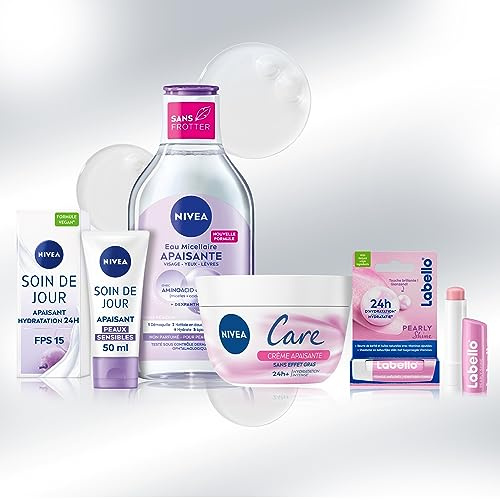 NIVEA Routine Sensitive pour peaux sensibles, Routine visage comprenant soin de jour hydratation 24H, eau micellaire 5-en-1, crème apaisante & Labello Pearly Shine