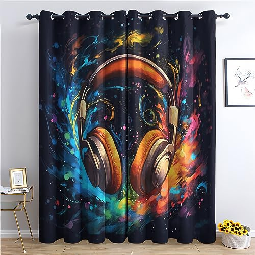 THYUNQ Vorhänge Graffiti Musik Motiv, Vorhang Blickdicht Verdunklungsvorhänge Thermovorhang mit Ösen, Gardinen Wohnzimmer Schlafzimmer Fenster, 2er Set Curtains, H 160 x B 140 cm