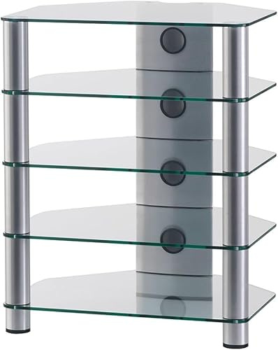 RO&CO Sonorous RX-2150-TG Mueble HiFi 5 Estantes Vidrio Templado Transparente 75x60x50 cm Chasis Aluminio Gris Rack Audio Vídeo hasta 40 kg con Sistema Ocultacables
