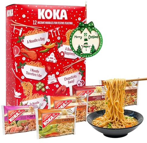 Koka Christmas Noodles Advent Calendar 2025 - Instant Noodles 12 Days Advent Calendar of Assorted 12 x 85g Ramen Noodle with Xmas Tree Decoration. Great Christmas Gifts for Women