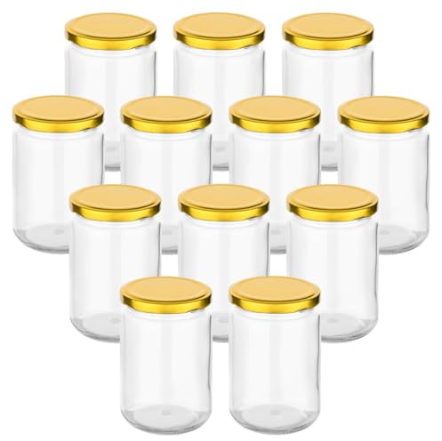 gouveo Uppsättning med 12 konserveringsburkar 350 ml (0,35 l) konserveringsburk, 350 ml rund, twist-off skruvlock, metall, guldfärgad transparenta förvaringsburkar skruvburkar för sylt, honung