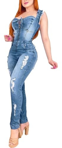 KBOPLEMQ Salopette da donna, pantaloni da lavoro, sexy, jeans strappati, collant a mano, bretelle in denim, senza maniche, slim fit