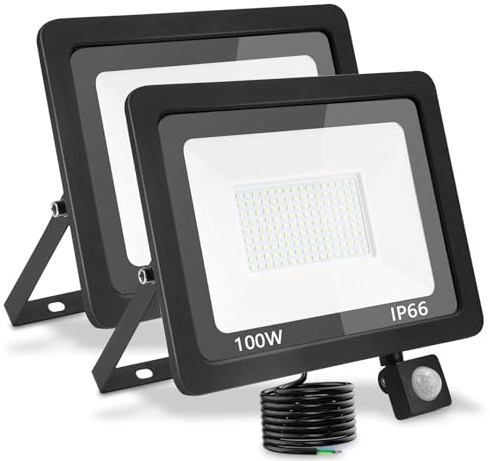 LED Strahler Außen Mit Bewegungsmelder 100W: 10000LM 6000K IP66 Flutlicht | Außenleuchte Flutlichtstrahler Kaltweiß, für Sportplätze, Hinterhof Auffahrt, Türen, Garage, Flur, Garten