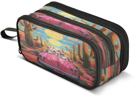 Mnsruu Trousse à crayons de grande capacité avec 3 compartiments Motif chien en voiture cactus, multicolore, Taille unique, Organiseur de sac