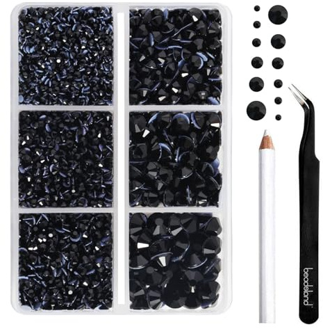 Beadsland Hotfix Strasssteine Set,Schwarz,6 Größen gemischt,4000 Stk | Schwarz Strasssteine für Textilien,SS6-SS30,Glasmaterial,für Kleidung,Kunsthandwerk,mit Wachsstift und Pinzette