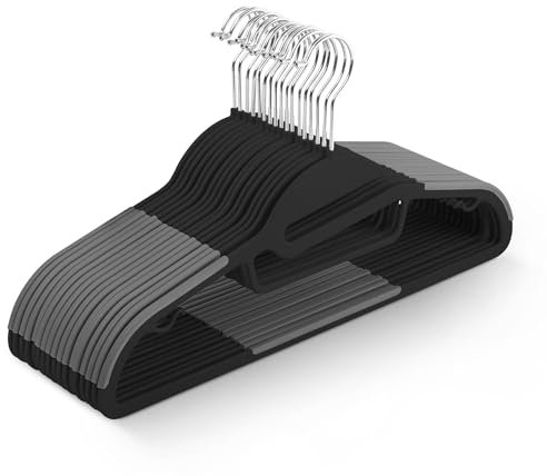 KEPLIN 20-Pack Non-Slip Hangers – Durable, Slimline Design for Space Saving with 360° Swivel, Tie Organiser, Strap Hooks, and S-Shape Opening (Black)