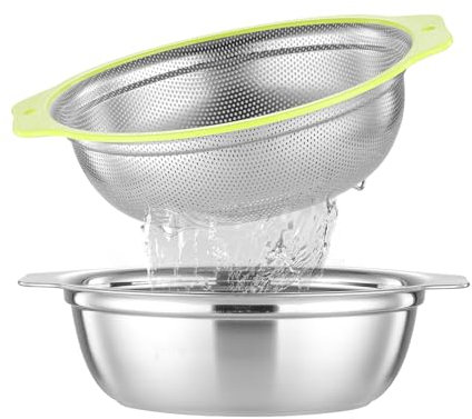 AHIABOAT Colander Stainless Steel Microporous, 5QT Large Capacity Rice Washer with Mixing Bowl, 12.5’’Rice Strainer Bowl Set with Handle, Food-Grade Strainers and Colanders for Washing Rice, Pasta